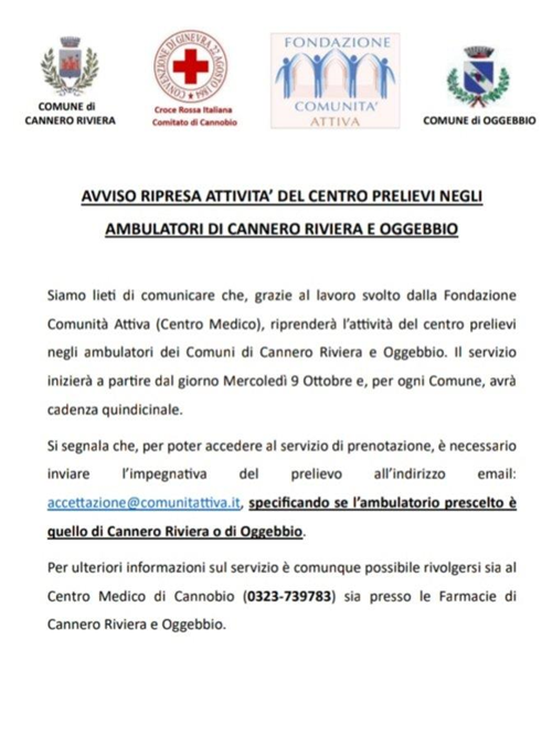 Ripresa attività centro prelievi ambulatori di Cannero Riviera e Oggebbio